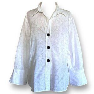 Foxcroft Womens Fitted Blouse Sz 16 White Cotton Burnout Floral Button Down Top